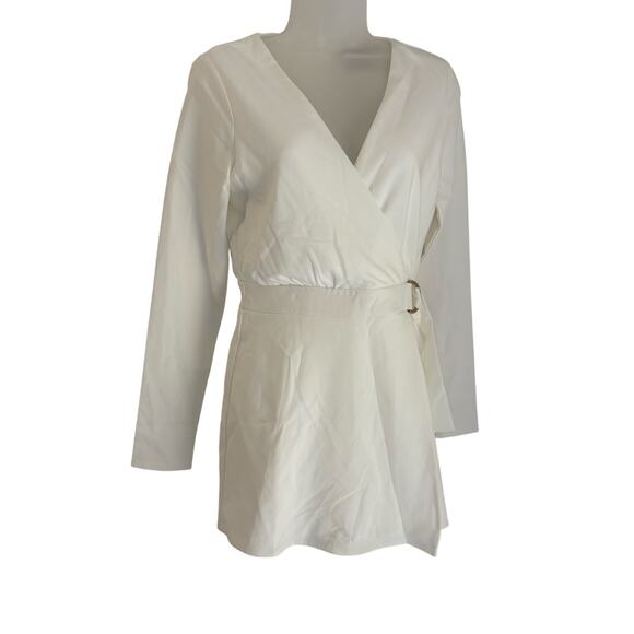 Lulus White Rooftop Bar Long Sleeve Wrap Mini Skort Romper Belted V Neck Bridal - Picture 2 of 13